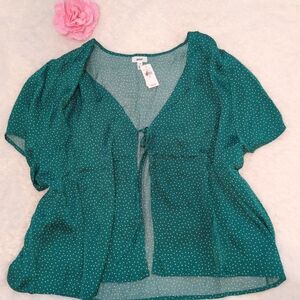 Aerie Tie Top Green White Polka Dot Tie Top Blouse Picnic Cottagecore Size L NWT